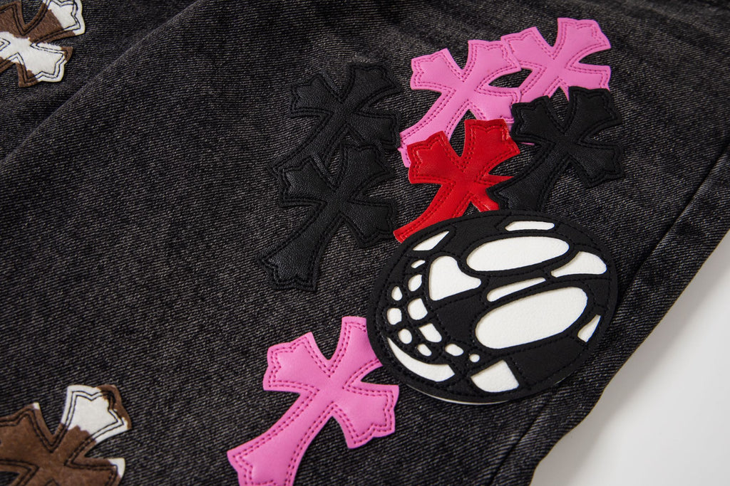 Chrome-Hearts Multi Cross Patch Denim Jeans - Grey Gothic Street Pants 1111