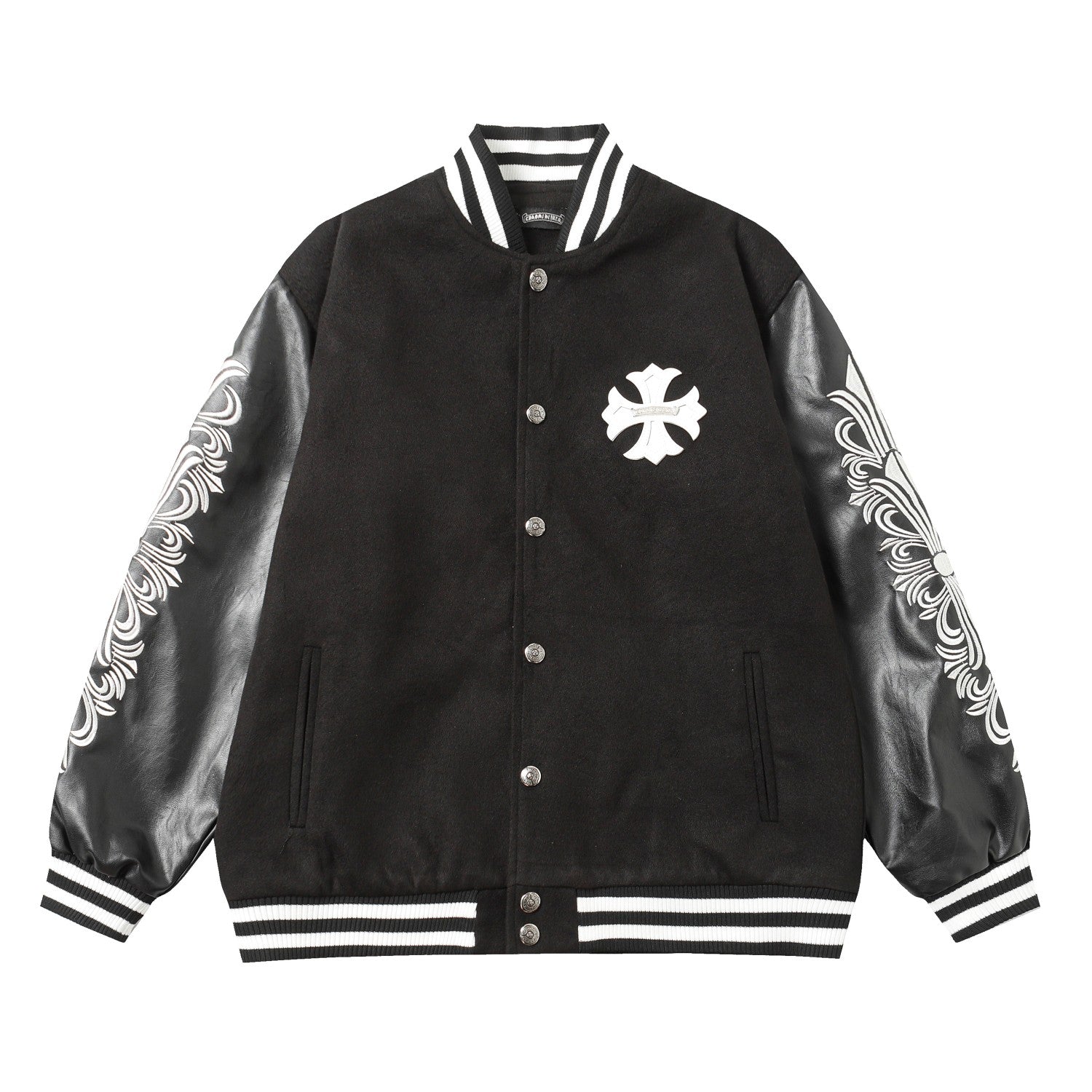 Chrome-Hearts Cross Embroidered Leather Sleeve Varsity Jacket - Black Street Style 116