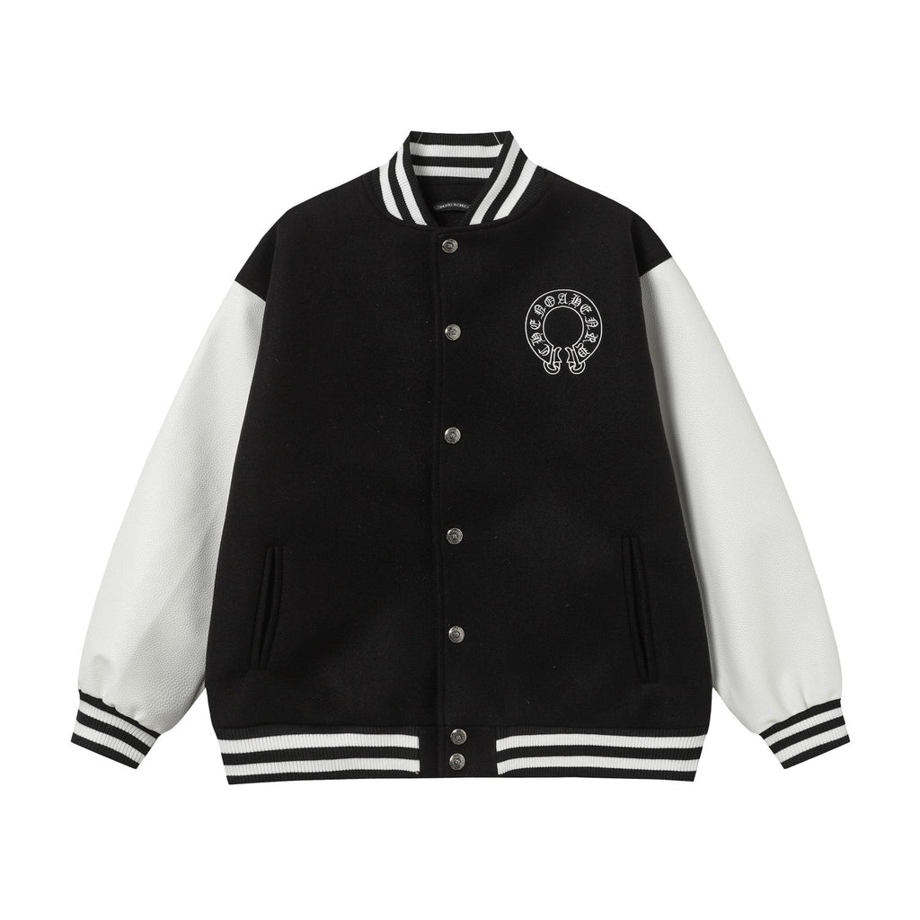 Chrome-Hearts Layered Cross Varsity Jacket - Black White Street Style Outerwear 2208